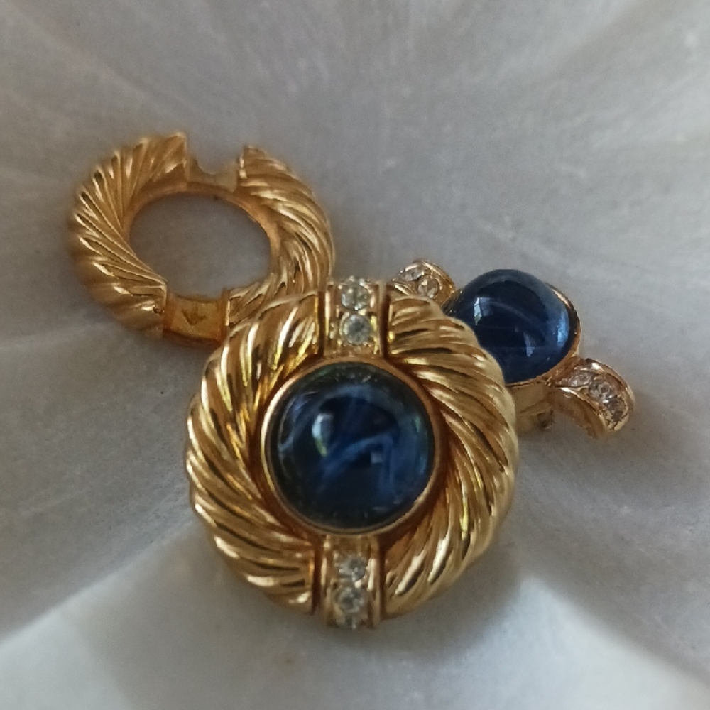 Givenchy Vintage Gold, Crystals & Blue Gripoix Cabochon Clip-on Earrings 2-in-1